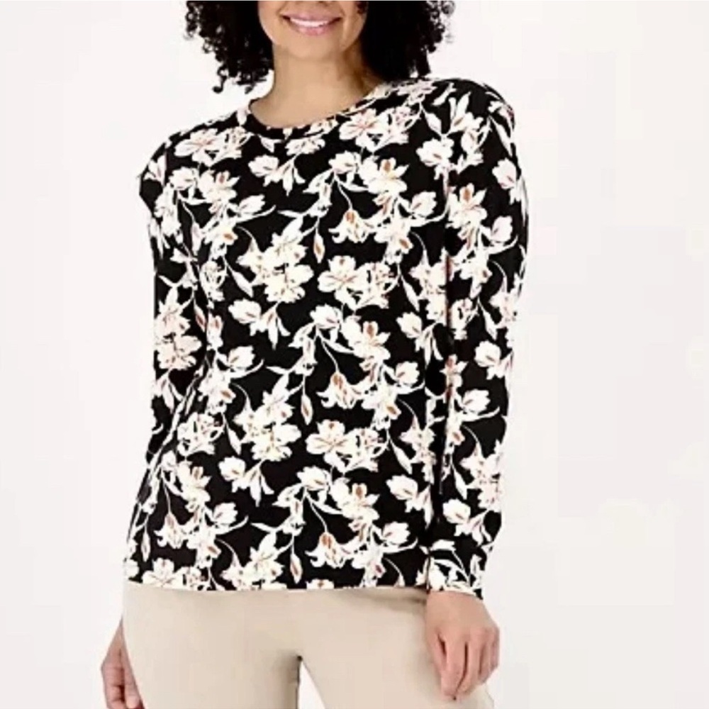 AnyBody QVC Black Floral Long Sleeve Shirt Shoulder Accent‎ XL A516644